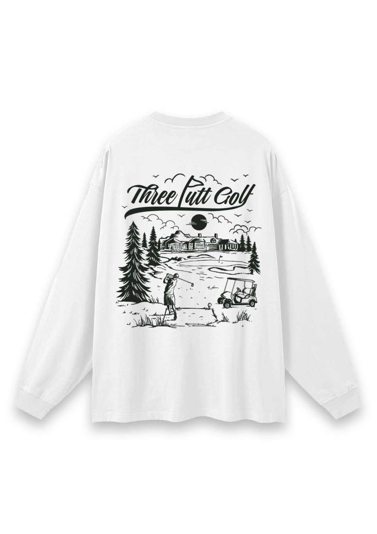 The Scenic Route golf long-sleeve tee in White, back view showing the hand-drawn golf course scene #Colour_White