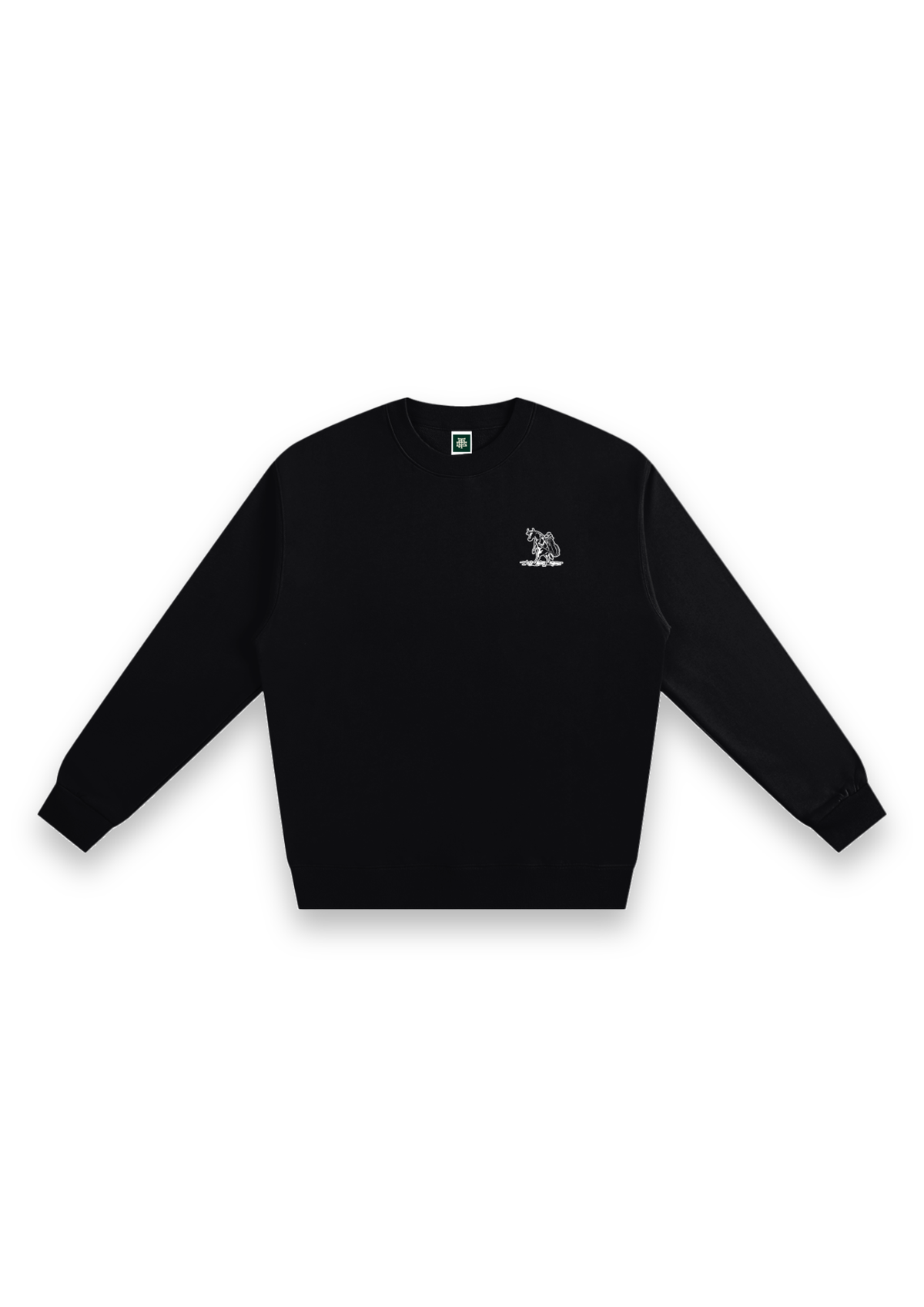 The Scenic Route golf sweatshirt in Black, front view with the cow-and-golf-bag chest print #Colour_Black