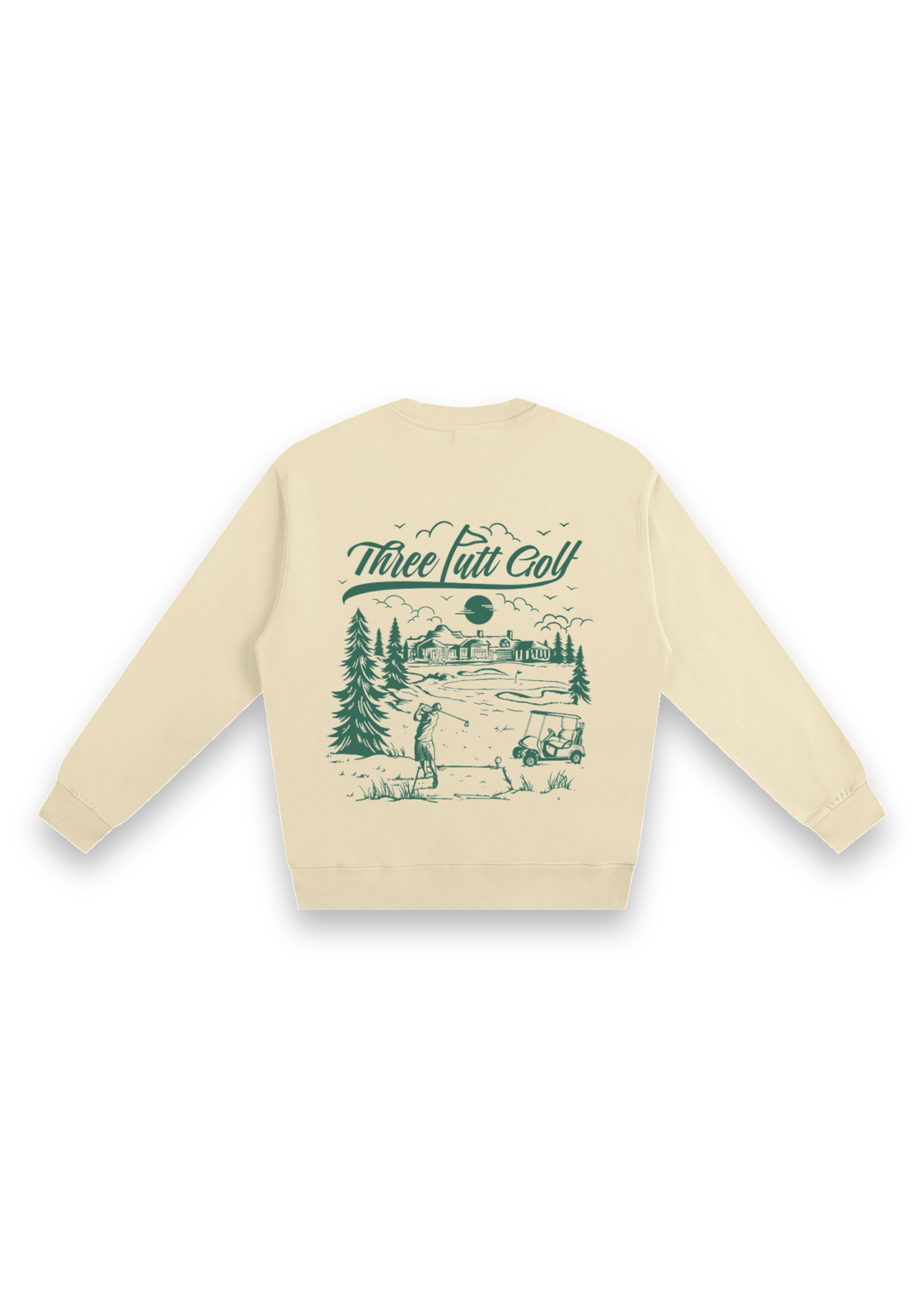 The Scenic Route golf sweatshirt in Cream, back view showing the hand-drawn golf course scene #Colour_Cream