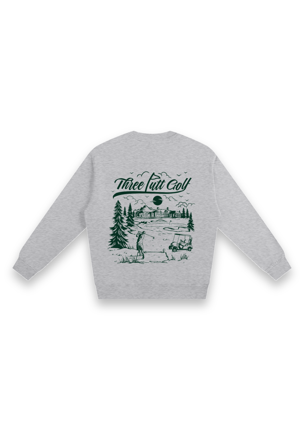 The Scenic Route golf sweatshirt in Grey Marl, back view showing the hand-drawn golf course scene #Colour_Grey Marl