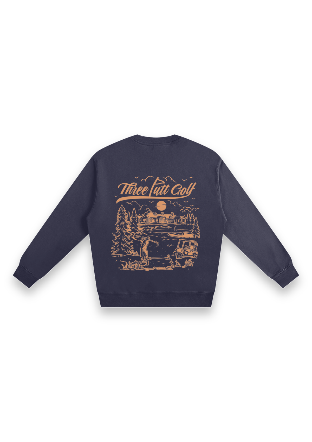 The Scenic Route golf sweatshirt in Navy, back view showing the hand-drawn golf course scene #Colour_Navy