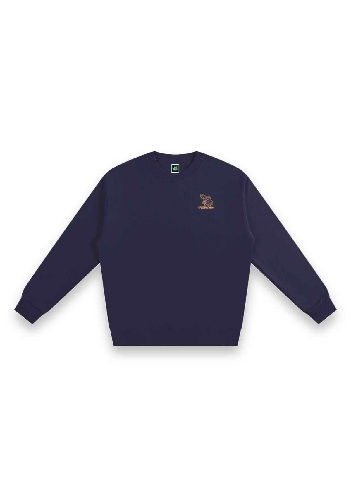 The Scenic Route golf sweatshirt in Navy, front view with the cow-and-golf-bag chest print #Colour_Navy