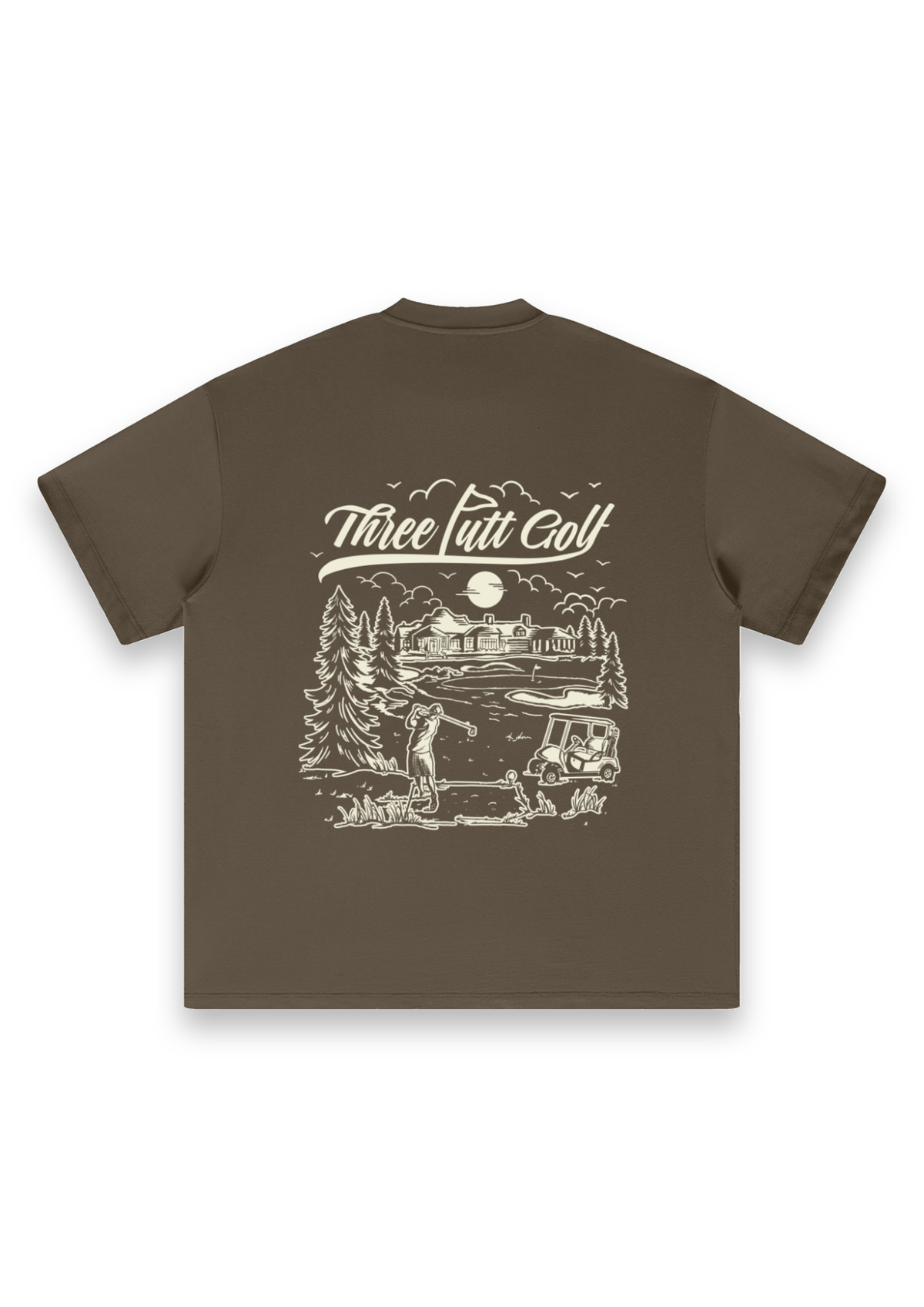The Scenic Route golf T-shirt in Brown, back view showing the hand-drawn golf course scene #Colour_Brown