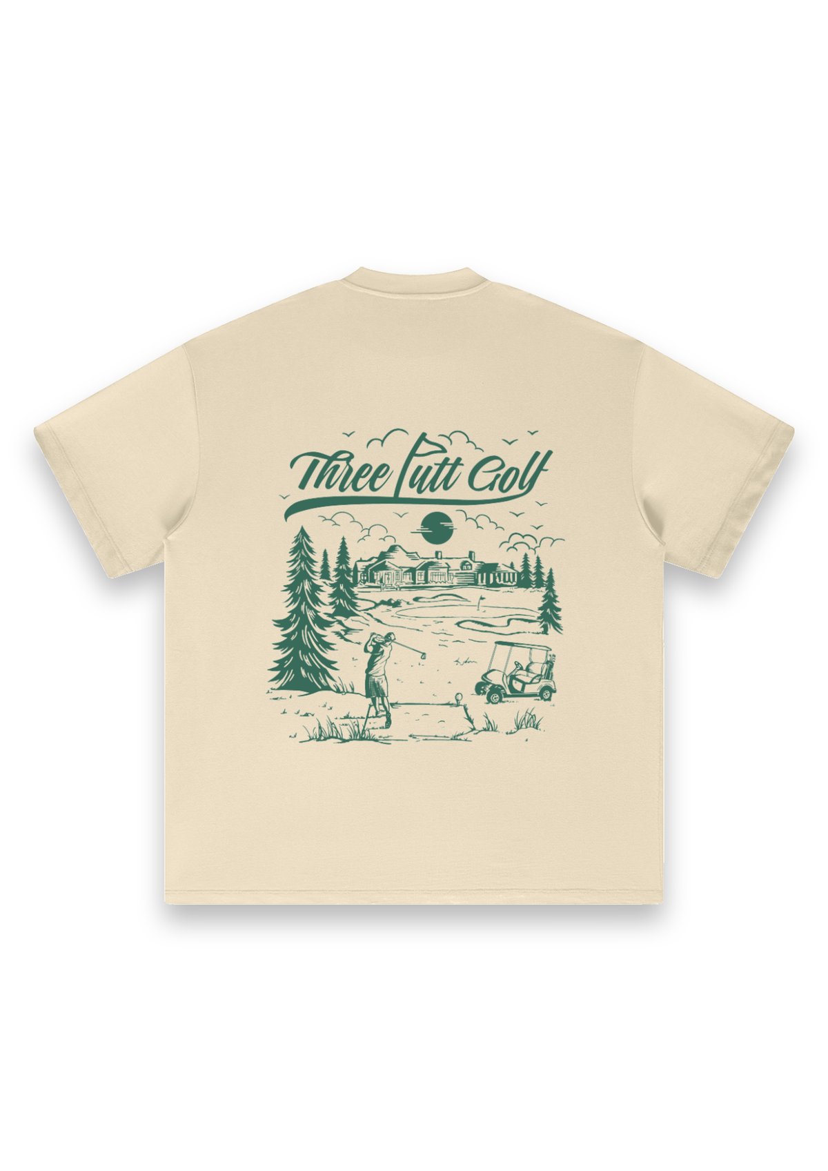 The Scenic Route golf T-shirt in Cream, back view showing the hand-drawn golf course scene #Colour_Cream