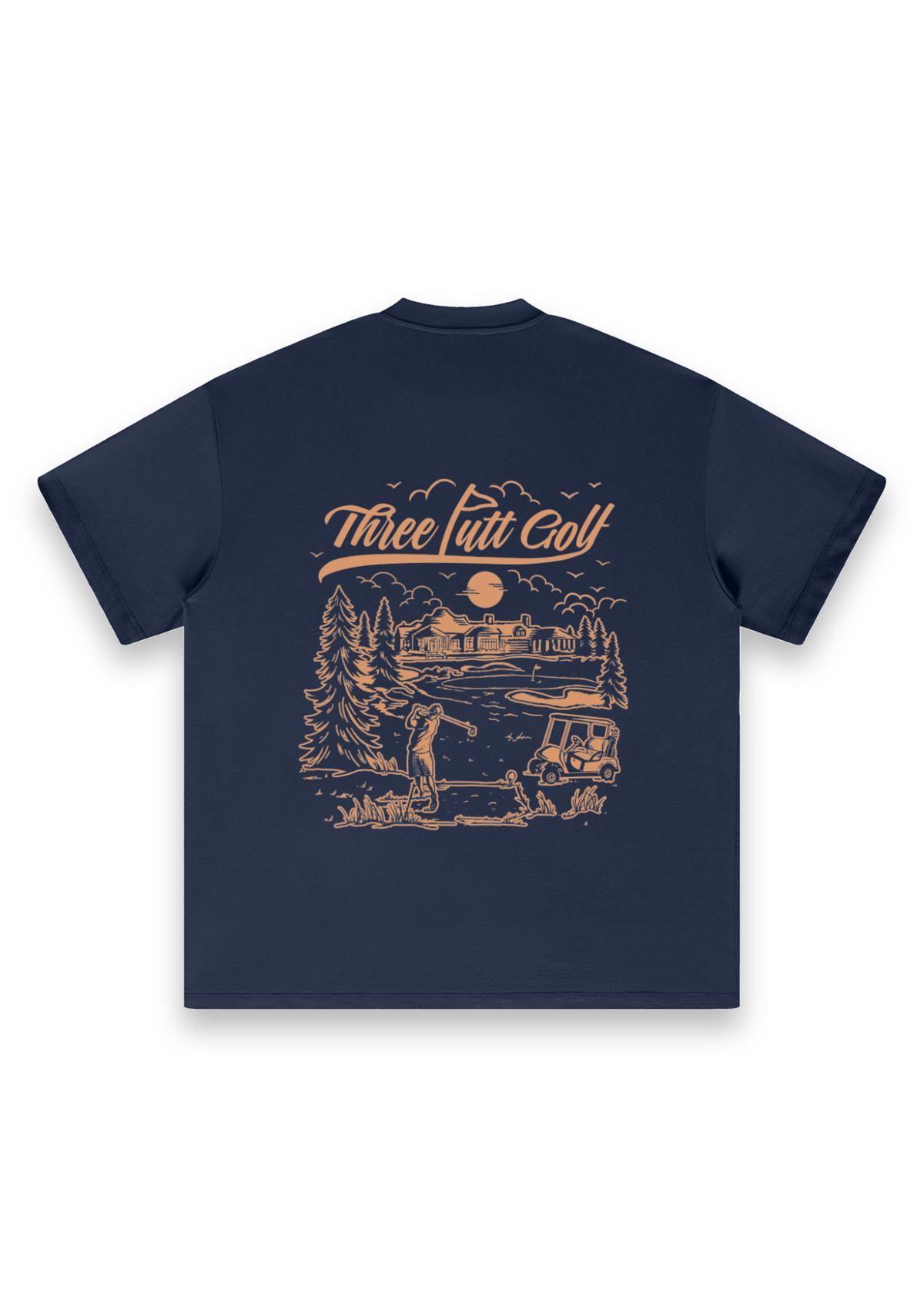 The Scenic Route golf T-shirt in Navy, back view showing the hand-drawn golf course scene #Colour_Navy