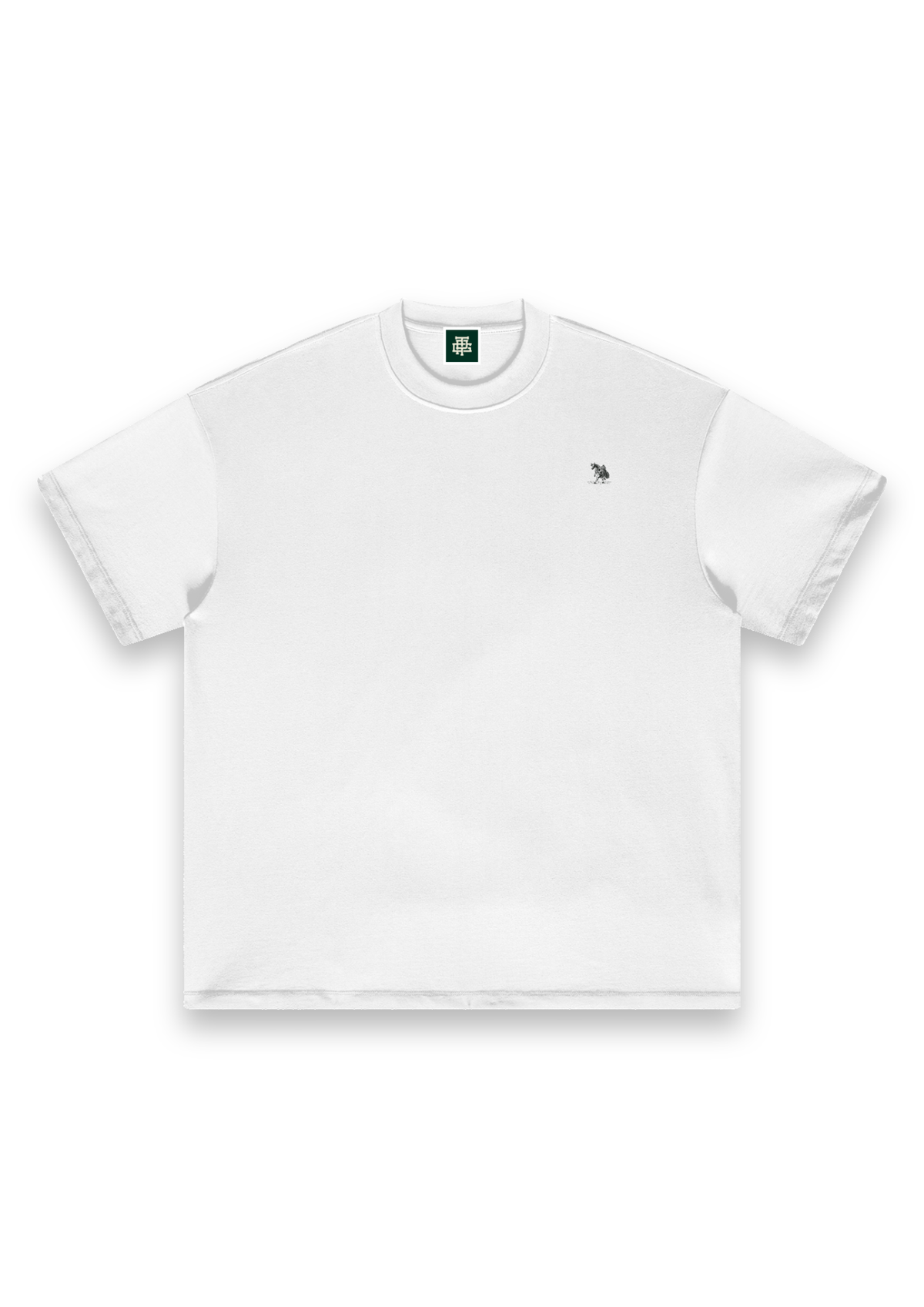 The Scenic Route golf T-shirt in White, front view with the cow-and-golf-bag chest print #Colour_White