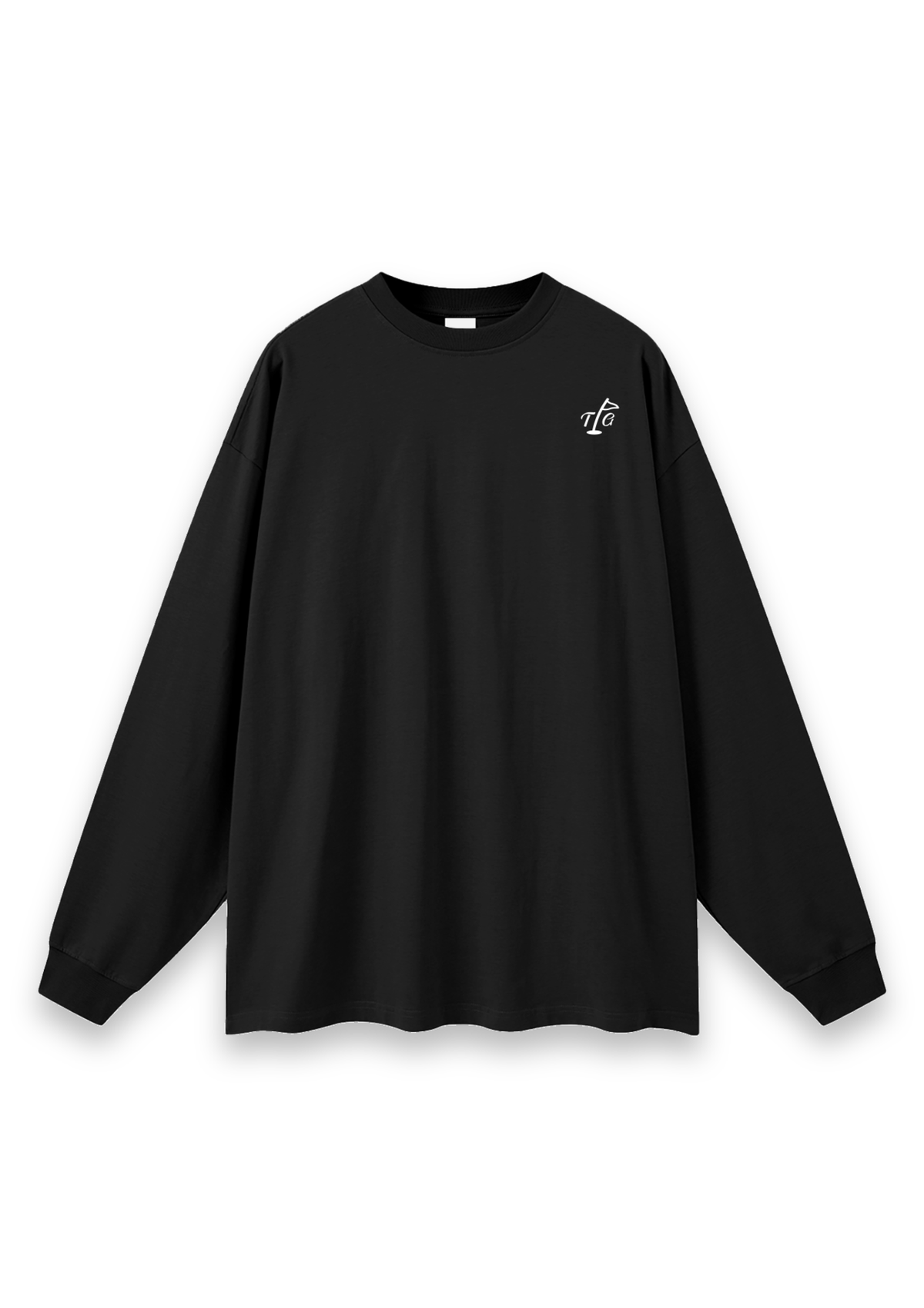 Three on the Green golf long-sleeve tee in Black, front view with the TPG flag mark on the chest #Colour_Black