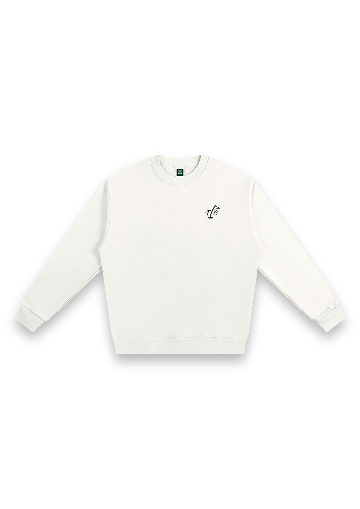 Three on the Green golf sweatshirt in Off-White, front view with the TPG flag mark on the chest #Colour_Off-White