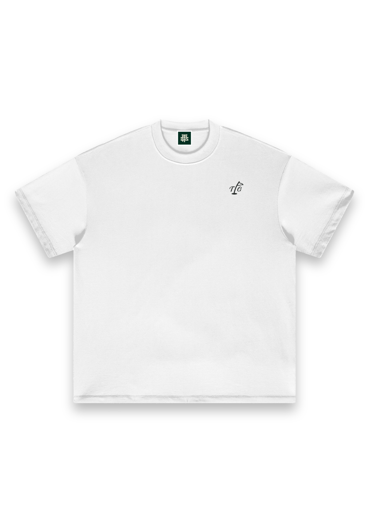 Three on the Green golf T-shirt in White, front view with the TPG flag mark on the chest #Colour_White